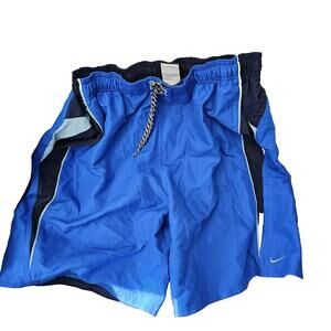 Nike Swim Trunks Mens Large Royal/Navy/Aqua Blue Drawstring 19 Inch Swoosh
